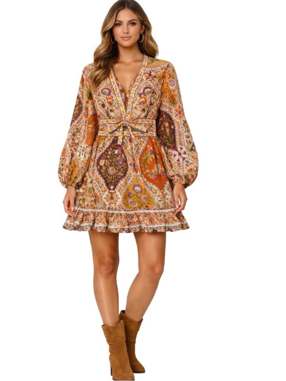 FARM Rio Orange Paisley V-Neck Mini Dress